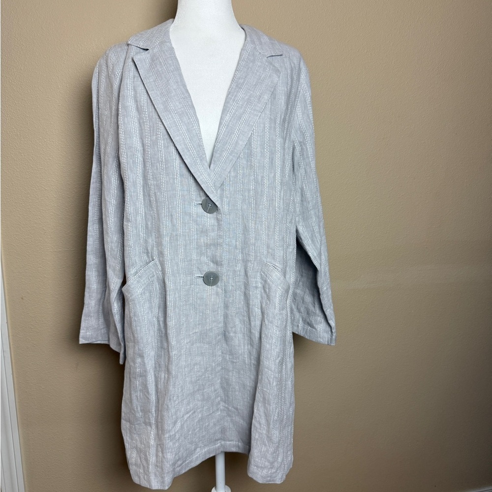 J. JILL Linen Longline Blazer Jacket Light Gray Embroidered White - Medium